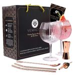 Vemacity Ribbed Gin Glasses Set of 2 | Handmade Gin Glass Gift Set | Rose Gold Cocktail Spoon, Spirit Measure, Spirit Pourer, 2 x Metal Straw & Recipe e-Book | Aperol Spritz Glasses | Cocktail Glasses