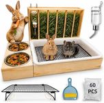 blinvcra 3 in 1 Rabbit Hay Feeder with Litter Box and 2 Bowls, Solid Wood Bunny Feeder with Adjustable Mental Hay Rack, Water Feeder, Cleaning Kit for Rabbits, Guinea Pigs, Chinchillas, Hamsters