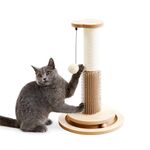 Made4Pets Cat Scratching Post for Indoor Cats 4 in 1 Cat Scratcher Post & Cat Toys Wooden 18" Tall for Small Kittens with Natural Sisal Ropes + Turntable Track Toy + Self Grooming Brush + Plush Balls