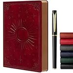 Leather Journal Lined Paper Soft Cover with Pen, Travel Diary 288 Pages 180 Lay Flat for Writing Notebook, 5.7'' x 8.3'' Wine Red