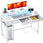 WASAGUN Computer Desk with Drawers and Storage Shelves, Home Office Desk with LED Lights & Power Outlets, Gaming Desk with Monitor Stand, Writing Study Desk, Kids Small Desk for Bedroom, White