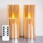 Mavandes 7.5x20cm Gold Glass Flameless Candles, LED Battery Operated Real Wax Pillar Candles with Remote Control and Atomatic Timer Function,Set of 2 Flickering Warm Fire Fake Candles