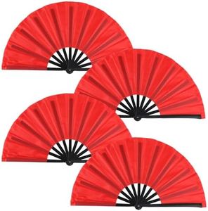 Tkocisa 4 Pack Large Folding Hand Fan, Plastic Hand Held Folding Fans Chinese Kung Fu Hand Fan Decorative Folding Fans for Dance, Performance, Festival or Home Decorations(Red)