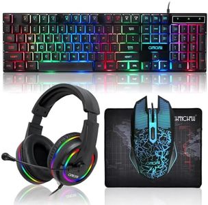 Gaming LED Keyboard Mouse Headset and Mousepad Bundle, CHONCHOW Wired Rainbow LED Light Up Gaming Keyboard Mouse Headset, Value 4 in 1 Gaming Set for Xbox PS4 PS5 PC Laptop Gamer