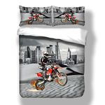 Loussiesd Double Duvet Cover Set Motocross Bedding Racer Grey City and Motorcycle Motorbike Quilt Cover Set with 2 Pillow Shames Soft Microfiber Xmas Bedding Sets with Zipper 3PCs (200x200cm)