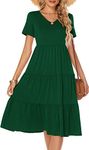 Berydress Women's Casual Summer Tiered Midi Dress Short Sleeve V-Neck Loose Cotton Ruffle Babydoll Dress Boho Sundress, Dark Green, Large