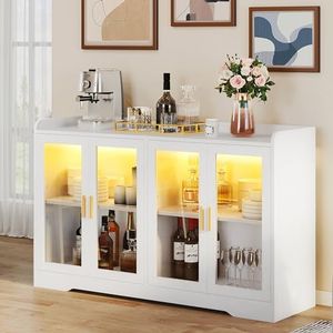 YITAHOME Coffee Bar Cabinet w/LED Light, 55'' Storage Cabinet with 4 Glass Doors and Adjustable Shelves, Sideboard Buffet Cabinet with Storage for Kitchen, Dining Room, Living Room, White