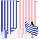 Anavasi Microfibre Beach Towels for Adults - 2 Pack 180 x 90 cm with Drawstring Bag, Quick Dry, Lightweight, Sand Free, Extra Large 100% Recycled for The Beach (Stripe Dark Blue and Pink)