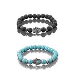 KIKILA 2Pcs Set Handmade Elastic 6mm Beads Hamsa Bracelet Natural Stone Evil Eye Hamsa Fatima Hand Charm Beaded Couples Bracelets Kabbalah Bracelet, 6.25 inch, Stone, Lava Stone