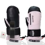 devembr Ski Mittens with Wrist Guards, Snowboarding Mittens Touchscreen, Snow Mittens Waterproof, Pink, L