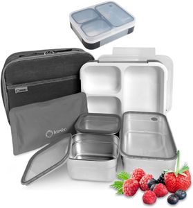 kinsho Steel 3 Portion Lunch Box for Adults and Kids with Insulated Bag and Ice Pack, Large Set or 3 Portion Control Containers, Bento Snack Boxes, Grey Black