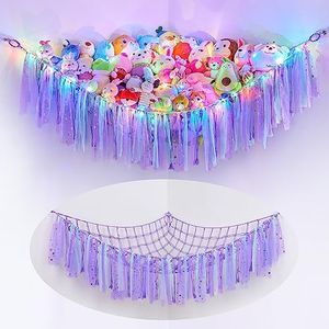 Stuffed Animals Hammock Net Kids Toy Storage With Led Light Unicorn Castle Stuffed Animals Holder Coner Hanging Toy Organizer For Nursery Kids Cute Room Decor, Purple-A