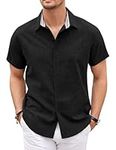 COOFANDY Mens Linen Texture Shirt Short Sleeve Button Down Shirts Casual Plaid Collar Summer Beach Shirts Black