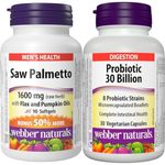 Webber Naturals Saw Palmetto 160 mg, Contains Flax and Pumpkin Oil, 90 Softgel & Probiotic 30 Billion Active Cells, 8 Probiotic Strains, 30 Capsules, For Digestive Health, Vegetarian