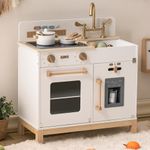 ROBOTIME Wooden Kitchen for Kids, Kitchen Playset for Girls Boys 3+, Pretend Cooking Role-Play Toy with Realistic Lights & Sounds Stove, Ice Maker and Utensils, Present for Toddler Aged 3+ (Cream)