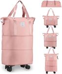 VOOWO Rolling Duffle Bag with Wheels, Expandable Foldable Duffle Bag with Wheels and Handle for Travel, Rolling Luggage Bag Carry on Duffel Bag, Wheeled Travel Duffle Bag (Pink)