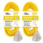 HONDERSON 2 Pack 25FT Lighted Outdoor Extension Cord with 3 Power Outlets,12/3 SJTW Heavy Duty Yellow Extension Cable with 3 Prong Grounded Plug for Safety,UL Listed