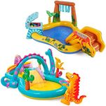 Intex Dinoland Play Center Kiddie Inflatable Pool and Dinosaur Water Splash Swimming Pool with Water Sprayers, Waterfalls, Slides, and Games