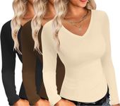 Ekouaer Womens 3 Pack Long Sleeve Shirts V Neck Slim Fit Lightweight Layering Tops 2024 Fall Basic Clothes Thermal Undershirts Black/Beige/Brown XL