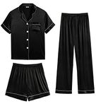 SWOMOG Womens 3pcs Silk Satin Pajamas Sets Short Sleeve Sleepwear Button Down Shirt with Shorts Long Pants Soft Pj Set Black Medium