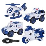 Invite DIY Police Vehicle Set Toy 4 Pack, Kids STEM Toys Including 1 Sport Bike 1 Jeep 1 Public Security Van 1 Helicopter for Toddlers Birthday Gifts for Boys 2 3 4 5 6 Year Old