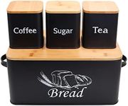 SOTECH Kitchen Bread Box with 3pcs Jars Coffee Sugar Tea Can Pastry Storage Container Set Large Metal Bread Bin With Bamboo Cutting Board Lid for kitchen Countertop (Black Bread Box+3 Square Jar)