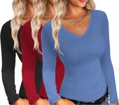 Ekouaer Womens 3 Pack Long Sleeve Shirts V Neck Slim Fit Lightweight Layering Tops 2024 Fall Basic Clothes Thermal Undershirts Black/Red/Navy XXL