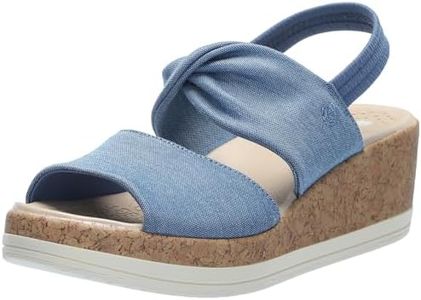 BZees Women's Remix Machine Washable Ankle Strap Wedge Sandal Slide, Elemental Blue Linen Fabric, 7 Wide