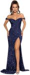 Women's Off The Shoulder Mermaid Prom Dresses 2024 Sequin Long Evening Formal Party Gowns with Slit, Navy Blue, 4