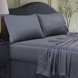 Tribeca Living Sateen Weave King Size Set - 100% Rayon from Bamboo with 300 Thread Count - Cooling Deep Pocket Fitted Sheet for Mattresses Up to 21 Inches in Steel Grey