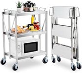 Foldable Service Cart w/ 360°Swivel Wheels Lockable, XL 3-Tier Collapsible Utility Carts 400 Lbs Large Loading for Restaurant Garage Warehouse Office, Heavy Duty Stainless Steel, Rubber Handles