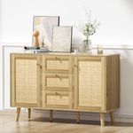 Giluta Rattan Sideboard Buffet Cabinet, 2 Doors and 3 Drawers Boho Accent Storage Cabinet with Crafted Rattan Front, Cupboard Console Table with Adjustable Shelves for Dining Room Entryway, Rustic Oak