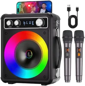 VOSOCO Karaoke Machine, Portable Bluetooth Karaoke Speaker with 2 Wireless Microphones, PA System for Adults Kids with LED Lights, Supports REC/FM/AUX/USB/TF for Home Party