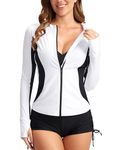 SANTINY Women's Rash Guard Zipper Pockets UPF50+ Sun Protection Long Sleeve Swimsuit Top Zip Front Swim Shirt for Women, White, Large