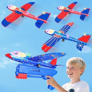HitToys Airplane Launcher Toy for Kids, 3 Pack Spider Foam Gliders Air Planes with Led, 2 Flight Modes 3 4 5 6 7 Year Old Boys Girls Outdoor Flying Toys Outside Sport Games Birthday