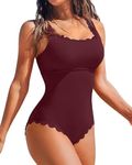 CharmLeaks Bathing Suit Scalloped Swimwear Removable Pads Backless Swimsuit Ribbed One Piece Swimsuit Retro Swimming Costume Burgundy XL