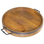 A Sight Beyond 20" Extra Large Round Ottoman Tray - Heavy Duty Mango Wood Serving Tray – Large Coffee Table Tray – Made of Casted Aluminum & Galvanized Iron – Rustic Tray with Handles – 20 inch