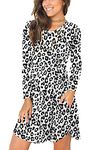 YUNDAI Womens Long Sleeve Loose Plain Dresses Casual Dress with Pockets XL Leopard White