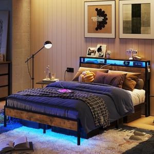 Bestier Full Size Bed Frame with Headboard and Storage, Dual LED Platform Bed Frame with Charging Station, Non-Slip Metal Bed Frame, Noise-Free, Easy Assembly