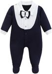 Lilax Baby Boy Gentleman Tuxedo Footie, Christmas Holiday Outfit with Bow Tie, Formal Wedding Long Sleeve Rompers (Navy,0-3 Months)