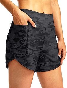 Pudolla Women's Swim Shorts with Zipper Pockets High Waisted Quick Dry Board Swimsuit Bathing Shorts for Women with Liner, Black Camo, Medium