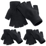 MENOLY Winter Fingerless Gloves 3 Pairs,Warm Stretchy Half Finger Knit Gloves Typing Gloves One Size Fits Men Women Teens, Black