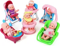 Click N' Play Mini 5 Inch Baby Girl Toy Dolls with Stroller, High Chair, Bathtub, Infant Seat, and Swing Accessories for Girls 3-6 Years Old