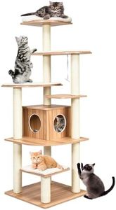 COSTWAY Arbre a Chat XXL en Bois 175 cm, 4 Poteaux à Griffer en Sisal, 7 Plateformes, Condo, Brosse d'Toilettage, Arbre a Chat Maine Coon, Peluche Lavable, pour 4-6 Chats, 60 x 60 x 175 cm, Naturel