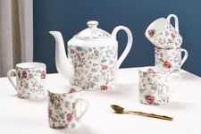 GOLDEN QUEEN'S Handcrafted Tea Cups & Kettle - Set of 6 Cups & 1 Kettle | Ideal for Everyday Tea and Coffee, Hosting Tea Service with Friends & Family (Pink Shrub Tea Service Set)