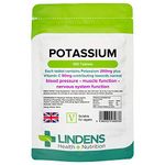 Lindens Potassium 200mg Tablets with 50mg Vitamin C - 100 Tablets - Contributes to Normal Blood Pressure, Muscle Function and Nervous System Function - UK Manufacturer, Letterbox Friendly