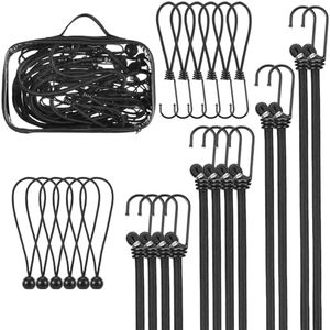 PRETEX 12 Bungee Cords with Hooks - Long Cord Rope Pack in 6 Colors and Lengths - Strong Elastic Straps w/Heavy Duty Hooks - Bungees Pack for Various Cargo (Black, 24pcs Mixed Set)