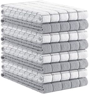 Kitinjoy Premium Kitchen Towels (16"x 28", 8 Pack), Large 100% Cotton Terry 390 GSM Kitchen Hand Towels, Ultra Absorbent Check Design Tea Towels Set with Hanging Loop, Light Grey