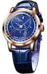 OLEVS Starry Sky Moon Phase Men's Automatic Mechanical Watches Blue Leather Luxury Dress Waterproof Luminous Wrist Watches, silver blue watch, Classic