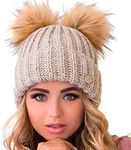 Braxton Beanie Women - 2 Pom Cable Knit Winter Warm Fleece Hat - Wool Snow Cuff Brown Ski Cap